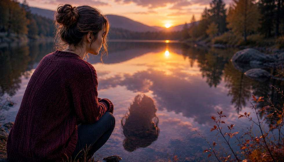 Personne contemplant son reflet dans une eau calme au coucher du soleil