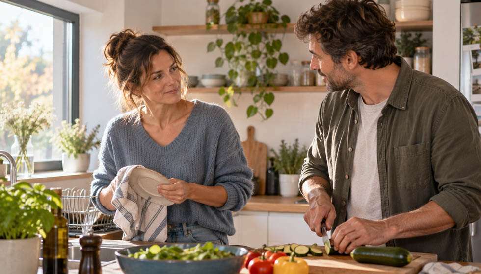 Couple discutant calmement de l’équilibre de leur relation pendant la Nouvelle Lune en Balance d’octobre 2026