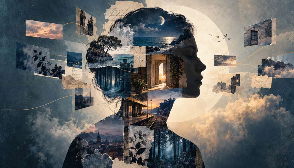 Illustration onirique d'une silhouette composée de fragments de souvenirs et de paysages