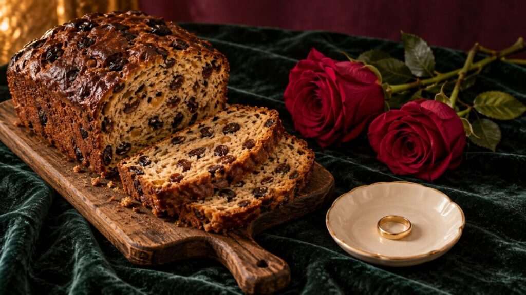 Sliced barmbrack fruit loaf beside two red roses and a gold ring on a small ivory saucer.